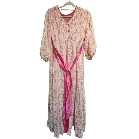 Jenelle of California Vintage Lace Overlay Nightgown & Robe Set – Hot Pink - Picture 5 of 14